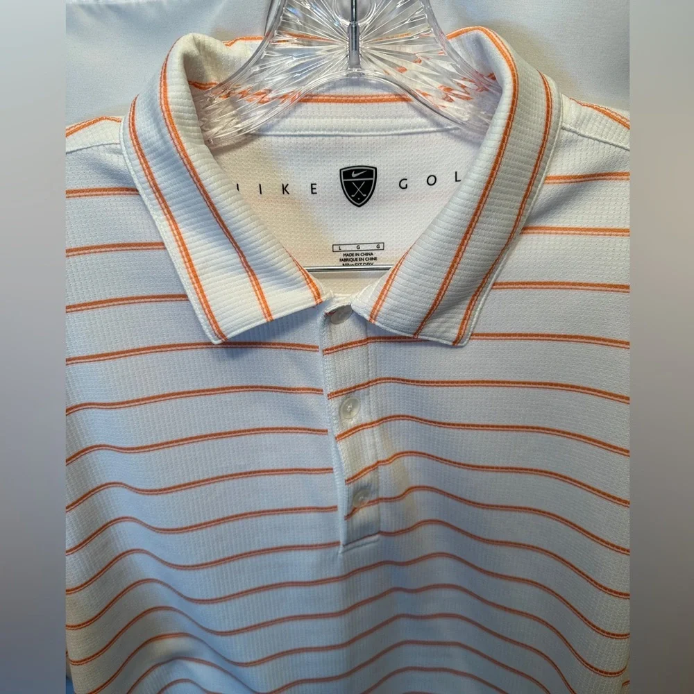 Nike Golf Size‎ Large Polo Shirt Textured Knit White Orange Striped Short Sleeve